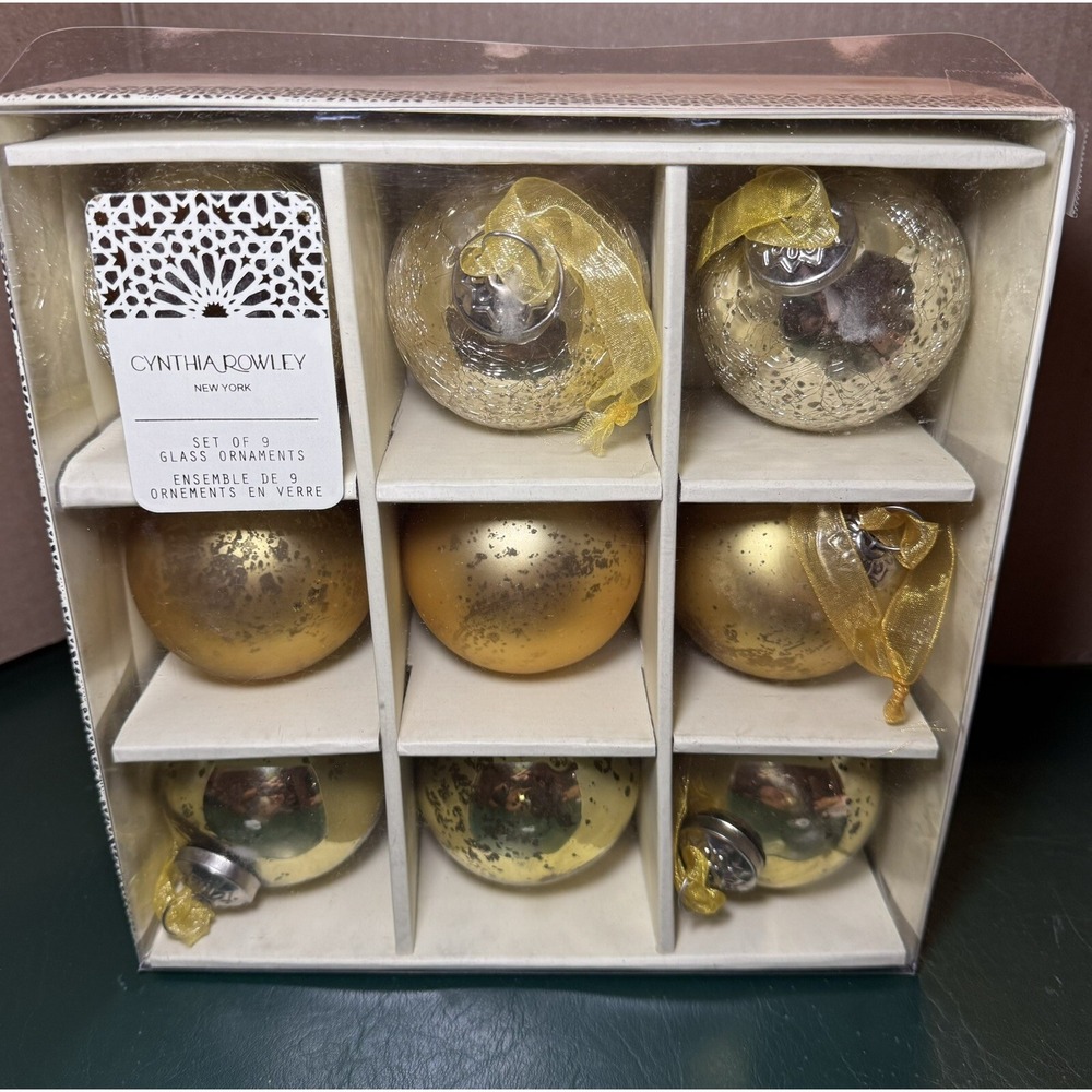 Cynthia Rowley New York Christmas Ornaments Gold Glass Spheres Vintage‎ Set of 9